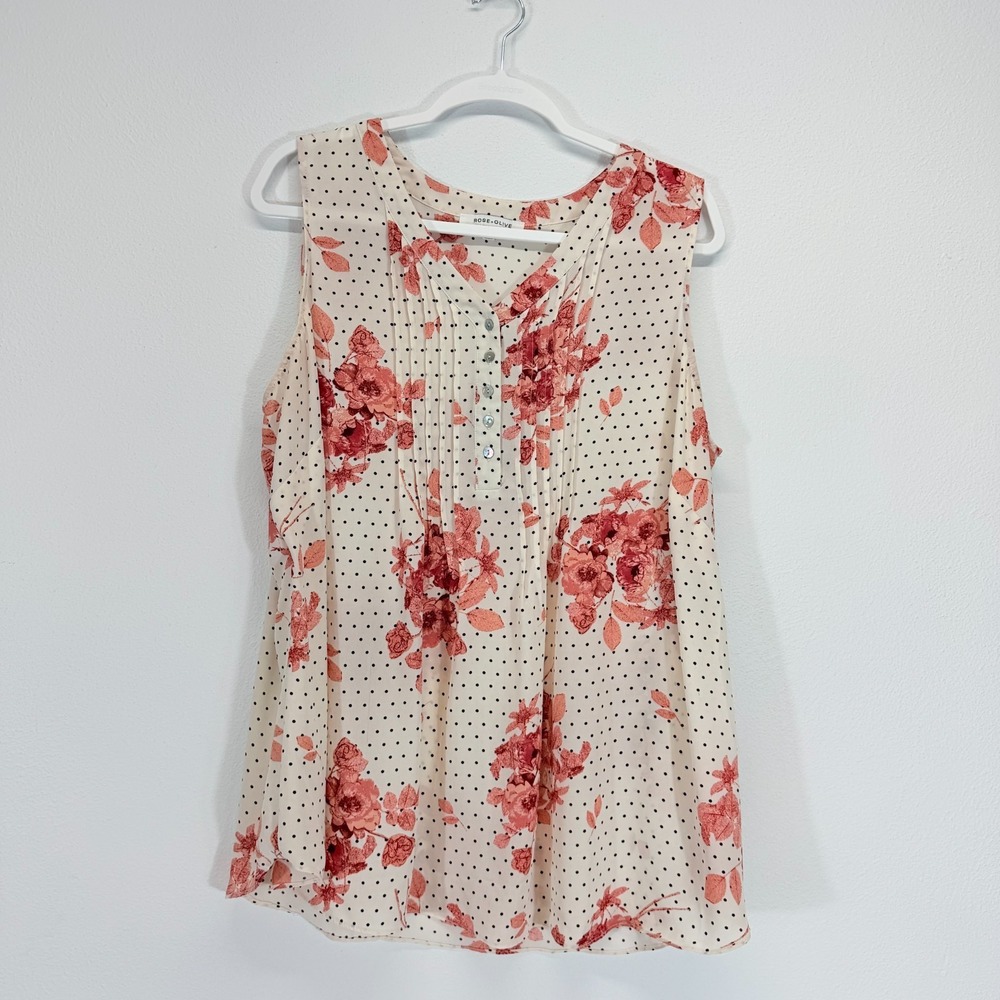 ROSE + OLIVE Floral Polka Dot Sleeveless Blouse Tank Top Pleated Plus Size 1X